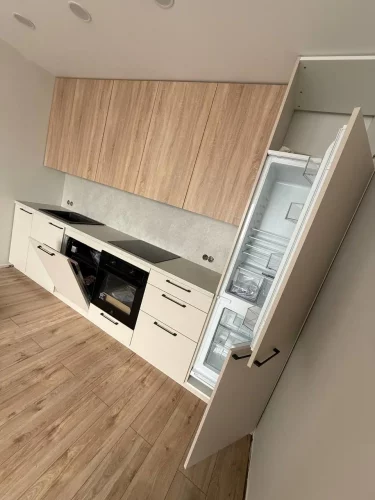 Moderni virtuvė su įmontuotu šaldytuvu ir indaplove
